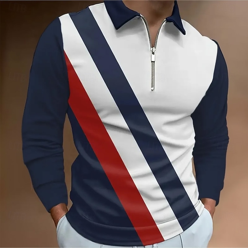 Men's Graphic Striped Polo Long Sleeve Half Zip Business Casual Daily Sports & Outdoor Athleisure Casual Daily Zip Up Spring Fall Winter White