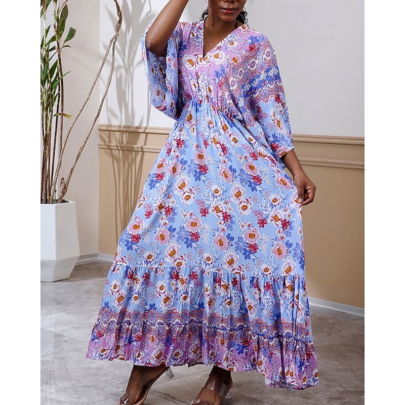 Women's Long Dress Maxi Dress Casual Dress Swing Dress Boho Dress Western Dress Elegant Fashion Romantic Outdoor Vacation Party Regular Fit Flower Long Sleeve V Neck Blue Spring Fall3