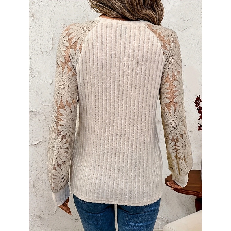Women's Lace Splicing Top Solid Color Elegant Stylish Casual Long Sleeve Crew Neck Regular Tops Daily Lace Patchwork Apricot Summer Spring2