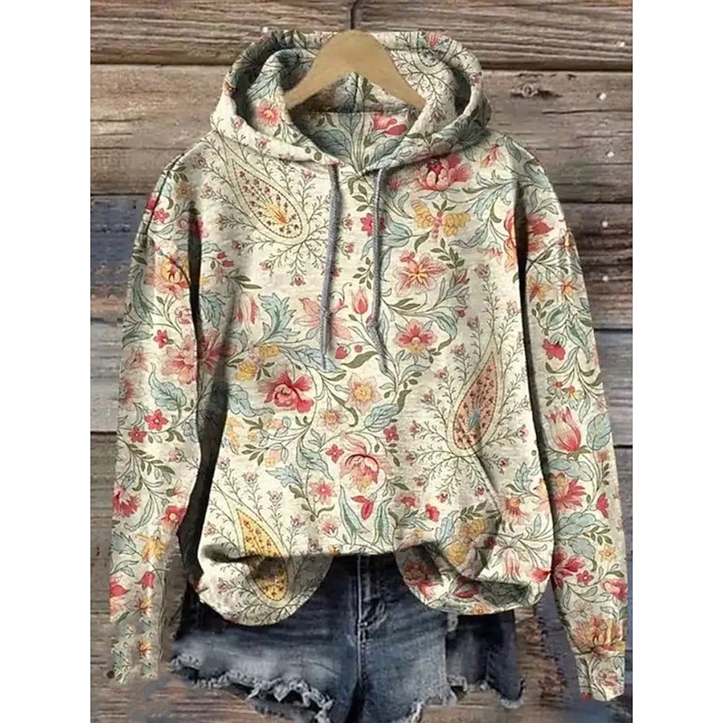 Women's Hoodie Pullover Sweatshirt Oversized Long Sleeve Casual Graphic Floral Paisley Vintage Fashion Western Hooded Street Dailywear Holiday Print Front Pocket Blue Orange Beige Gray Fall Winter