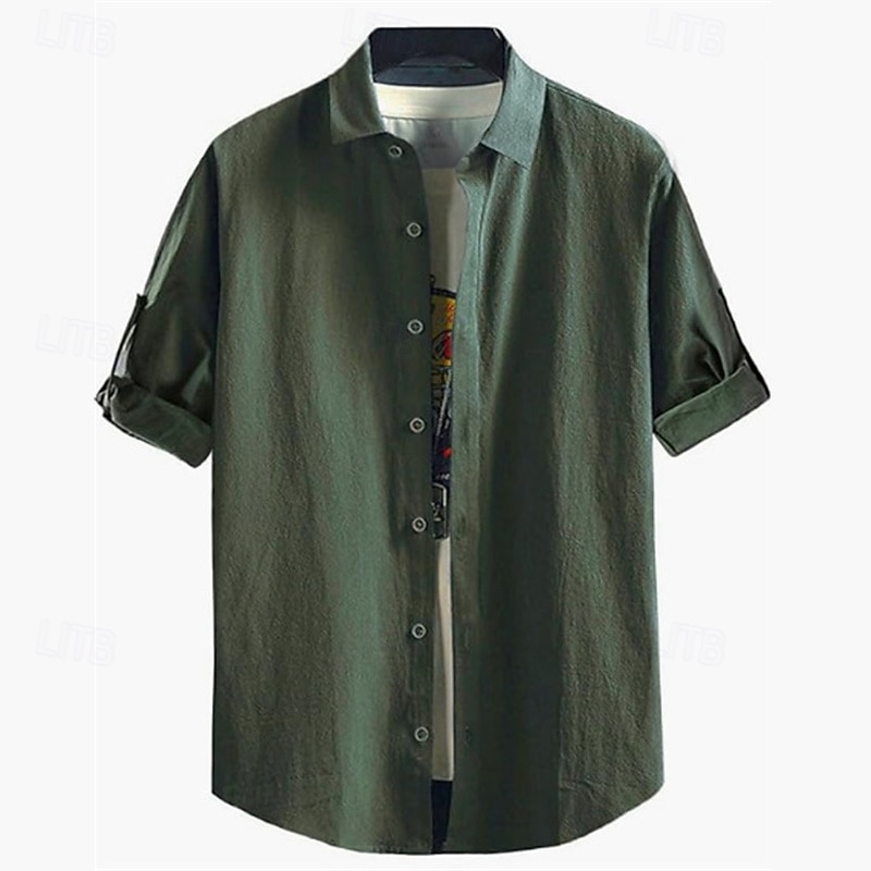 Men's Shirt Linen Shirt Casual Shirt Button Up Shirt Cotton Shirt Plain Vacation Hawaiian White Navy Blue Army Green Dark Gray 3/4 Length Sleeve Lapel Summer Spring Clothing Apparel4