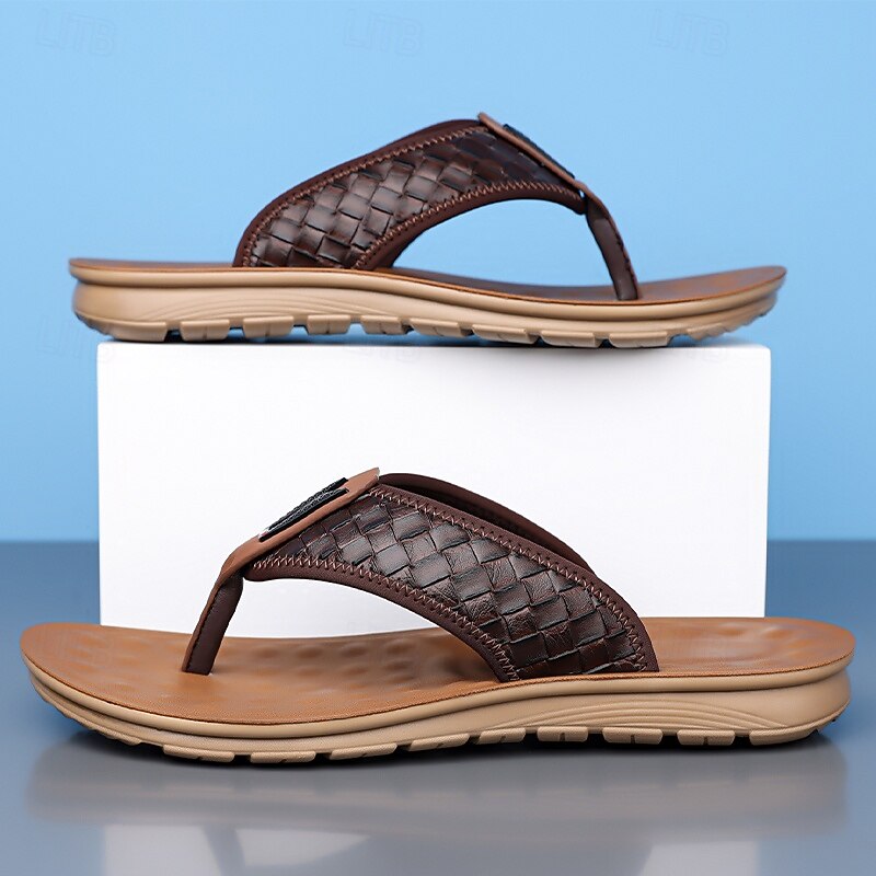 Men's Brown Faux Leather Flip Flops with Woven Pattern Strap Soft EVA Sole Comfortable for Vacation Resort and Everyday Summer Outfits3