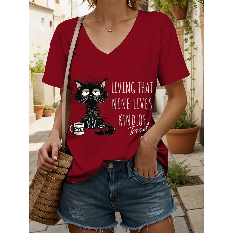 Women's T Shirt Graphic Animal Cat Vintage Stylish Classic Short Sleeve V Neck Regular Tops Daily Print Black White Pink Red Blue Summer Spring