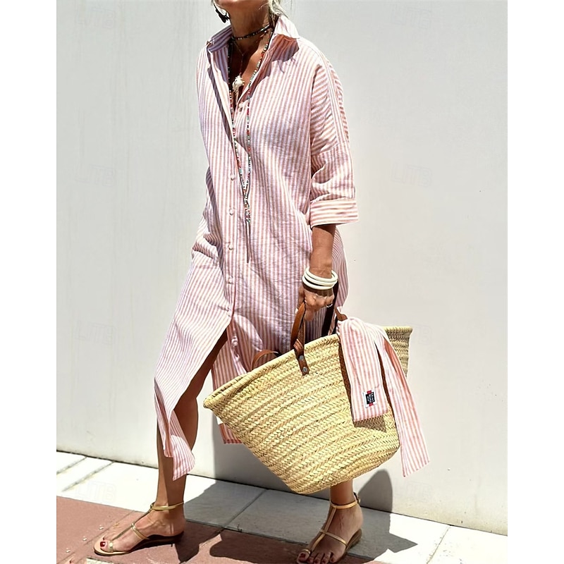 Women's Midi Dress Linen-Inspired Dresses Shirt Dress Casual Dress Fashion Modern Daily Beach Weekend Regular Fit Striped Long Sleeve Shirt Collar Pink Light Brown Blue Summer Spring4