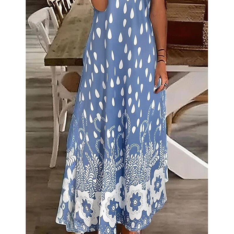 Women's Maxi Dress Sundress A Line Dress Vacation Casual Beach Standard Fit Floral Graphic Short Sleeve V Neck Light Blue-White Summer Spring2