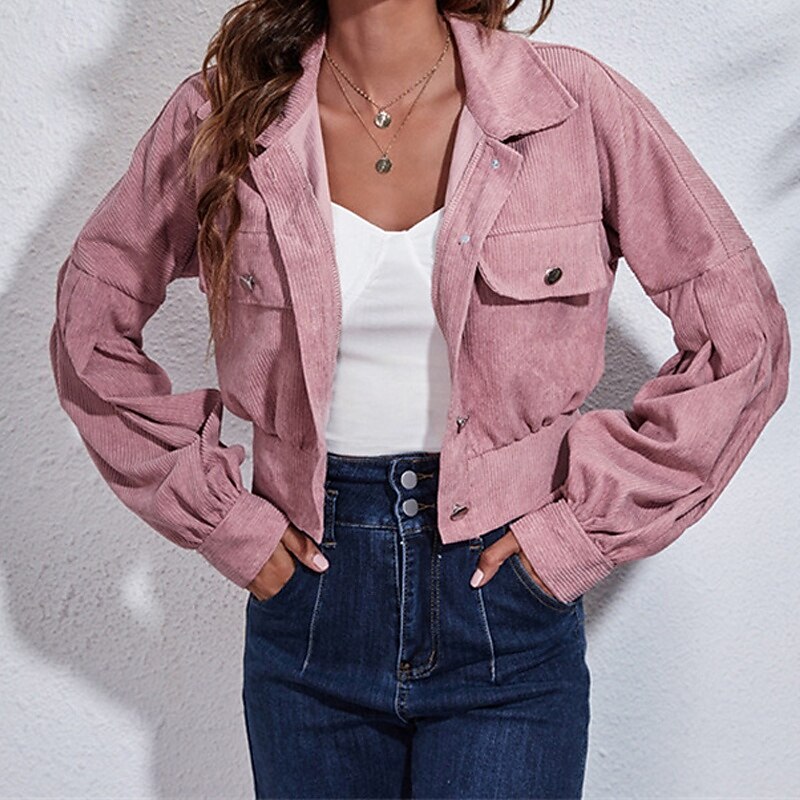 Women's Casual Jacket Warm Comfortable Corduroy Fashion Outdoor Plain Going out Weekend Zipper Regular Turndown Regular Fit Long Sleeve Outerwear Pink Fall Winter3