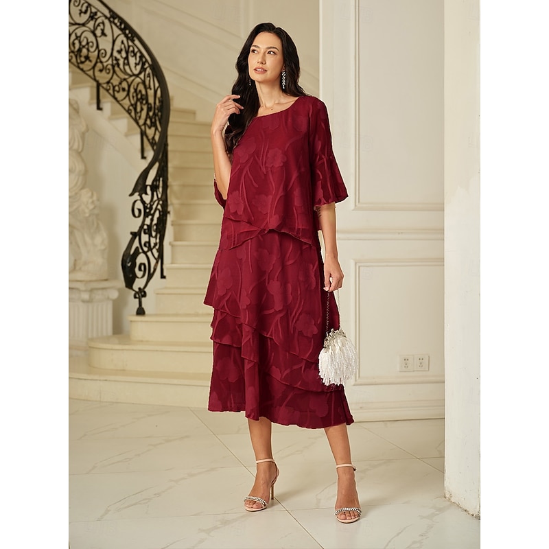 Women's Lace Shirt Blouse Dressy Tops Chiffon Tops Solid Color Floral Flower Elegant Stylish 3/4 Length Sleeve Bell Sleeve Boat Neck Regular Tops Wedding Guest Work Daily Asymmetric Hem Wine Summer2