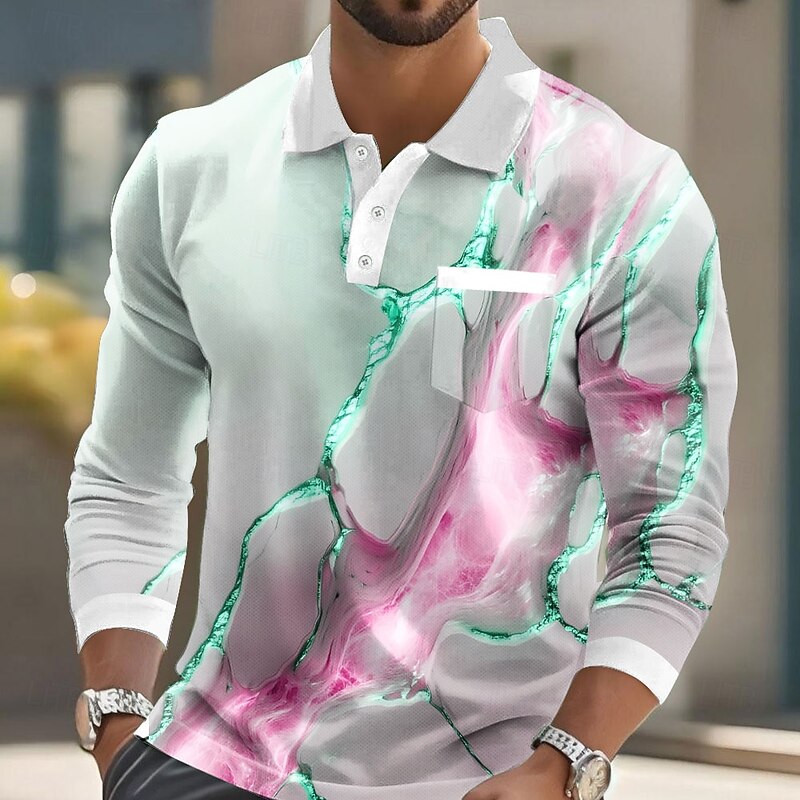 Men's Abstract Marble Polo Long Sleeve Polo Shirts Collared Shirts Business Casual Business Athleisure Daily Wear Pocket 3D Print Buttons Spring Fall Winter Red Blue Purple3