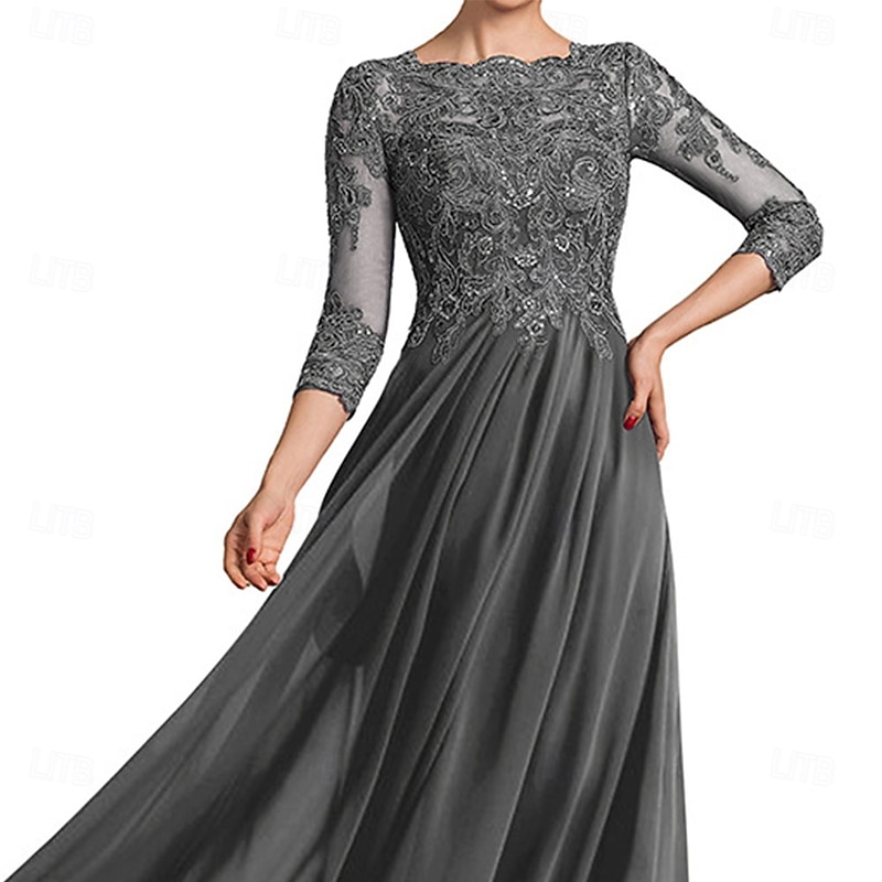 A-Line Mother of the Bride Dress Elegant Crew Neck Floor Length 3/4 Length Sleeve with Pleats Solid Color3