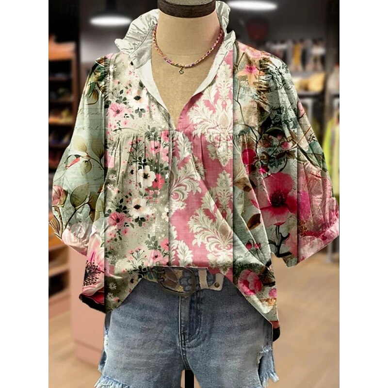 Women's Shirt Floral Stylish Modern Boho Half Sleeve V Neck Regular Tops Daily Holiday Print Pink Navy Blue Blue Green Khaki Summer