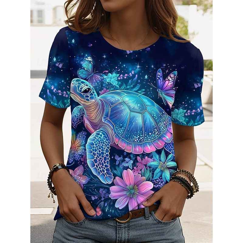 Women's T Shirt Graphic Animal Sea Turtle Vintage Stylish Classic Short Sleeve Crew Neck Round Neck Regular Tops Daily Weekend Print White Royal Blue Blue Green off-white Summer Spring2