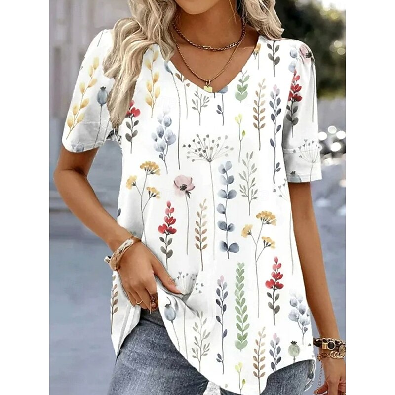 Women's T Shirt Floral Graphic Plants Vintage Fashion Hawaiian Short Sleeve V Neck Regular Tops Daily Going out Weekend Print Light Green Pink Light Blue Summer Spring2