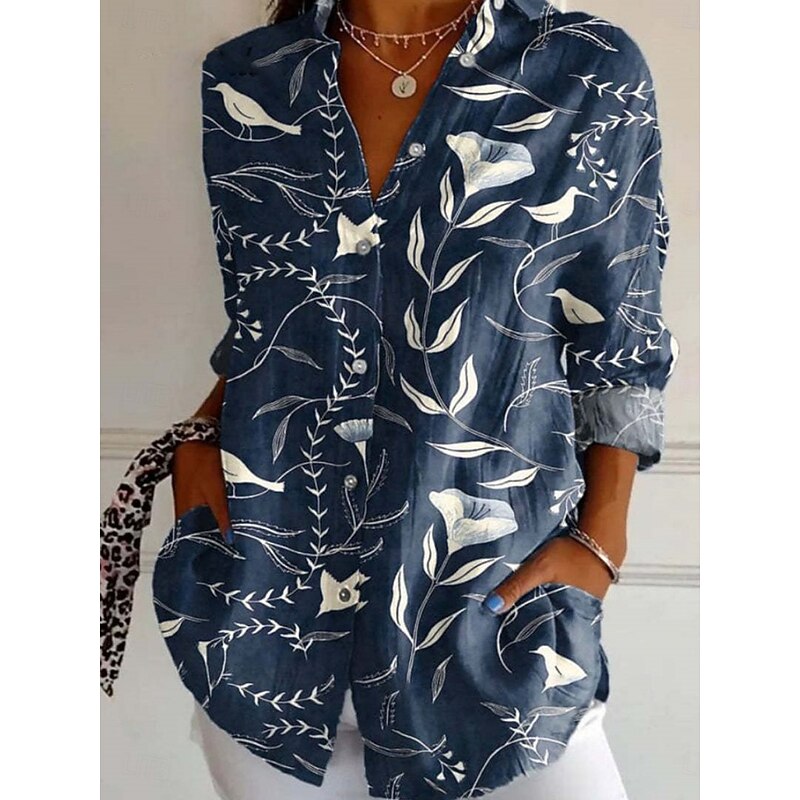 Women's Shirt Floral Geometric Stylish Modern Long Sleeve Shirt Collar Regular Tops Daily Holiday Buttons Print Red Navy Blue Blue Fuchsia Summer