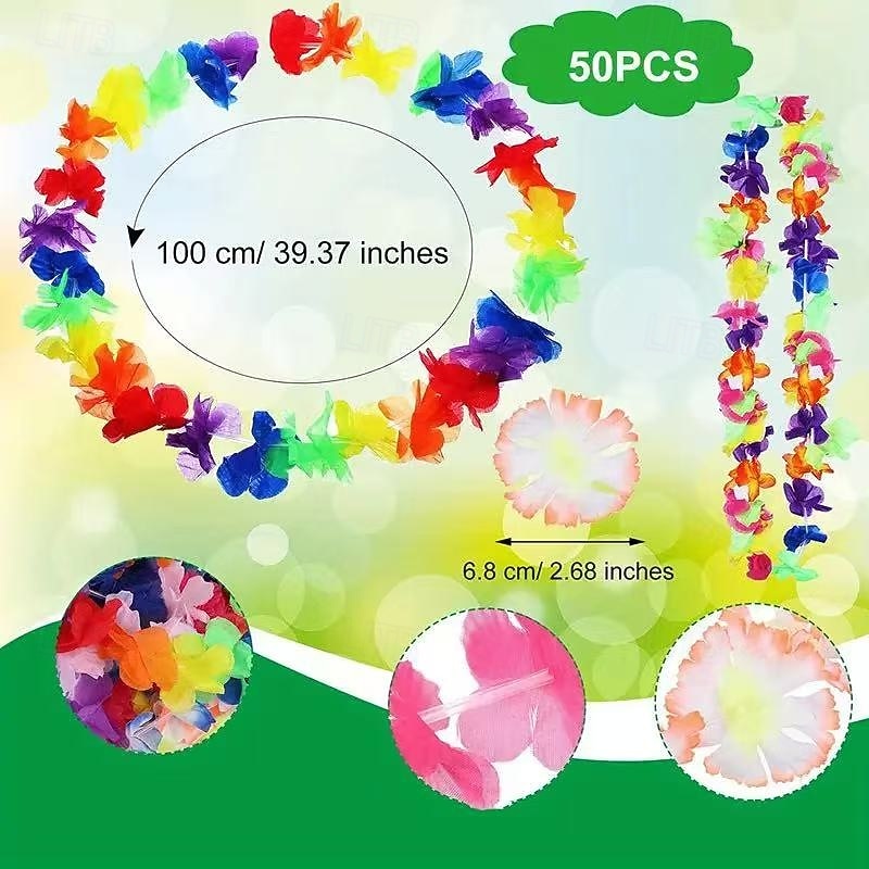 50PCS Hawaiian Flower Lei Necklaces, Tropical Hawaiian Garlands for Festivals, Weddings, Beach Parties, Birthdays, Performances, and Oktoberfest Decorations4