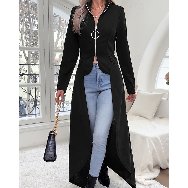 Women's Casual Jacket Comfortable Zipper Irregular Hem Elegant Fashion Plain Street Weekend Zipper Long Stand Collar Regular Fit Long Sleeve Outerwear Black Burgundy Fall Winter2