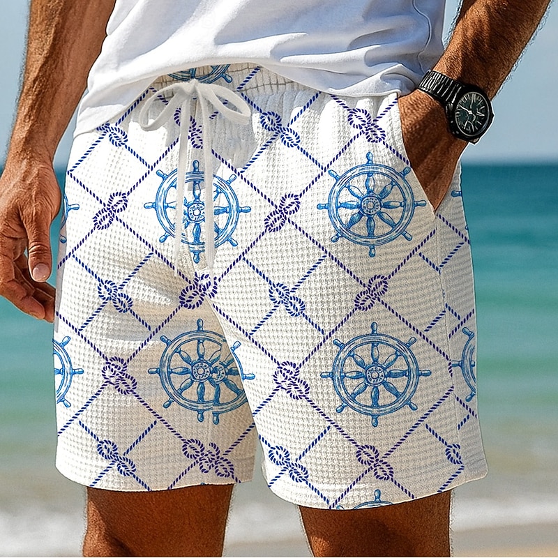 Men's Grid / Plaid Compass Waffle Shorts Sweat Shorts Casual Shorts Mid Waist Fashion Casual Vacation Jogging Workout Elastic Drawstring Waist Shorts with Pockets Designer Clothing Apparel