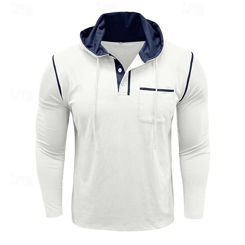 Men's T Shirt Henley Hoodie Long Sleeve Hooded Henley Spring &  Fall Solid Color Knitwear Daily Outdoor Pocket Outdoor Causal Casual Dark Grey Navy Black Top Tee for Men3