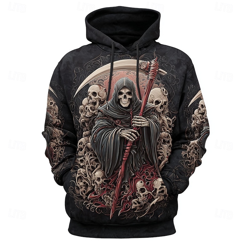 Men's Grim Reaper 3D Reaper Hoodies Sweatshirt Ethnic Cowboy Long Sleeve Crew Neck Holiday Streetwear Black 1 Black Drawstring Graphic Fall Winter Designer