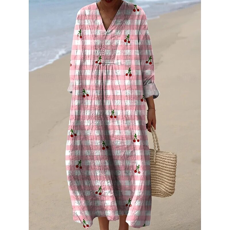 Women's Midi Dress V Neck Long Sleeve Kaftan Lightweight Loose Fit A Line Dress Casual Boho Party Going out Floral Graphic Long Sleeve V Neck Black Pink Red Green3