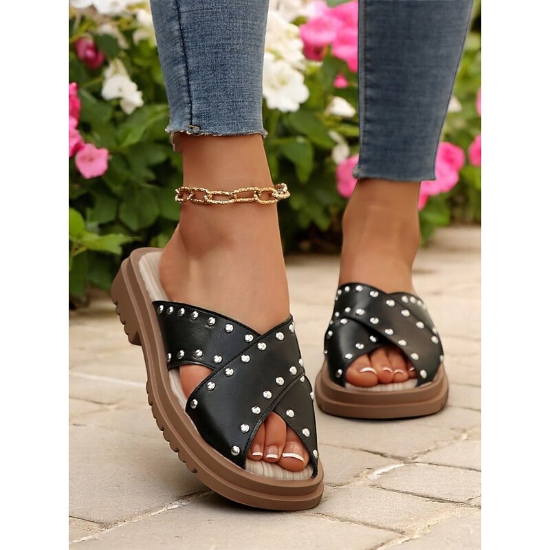 Women's Studded Crisscross Slip-On Slides, Cushioned Open-Toe Sandals for Festivals, Poolside Hangouts and Weekend Walks3
