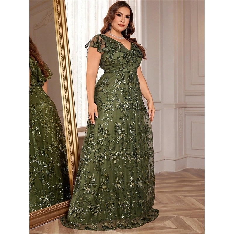 A-Line Plus Size Dresses Elegant Curve Dress Formal Wedding Floor Length Short Sleeve V Neck Polyester V Back with Sequin3