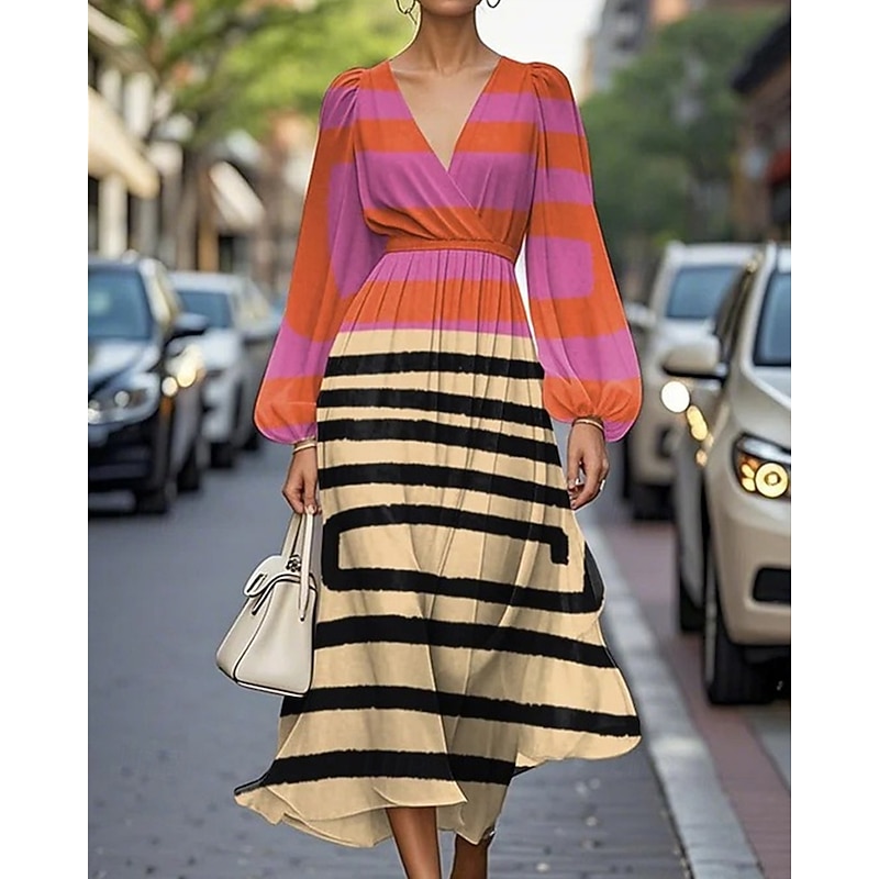 Women's Midi Dress Casual Dress Print Dress Elegant Fashion Outdoor Party Holiday Regular Fit Striped Flower Long Sleeve V Neck Blue Purple Khaki Summer Spring