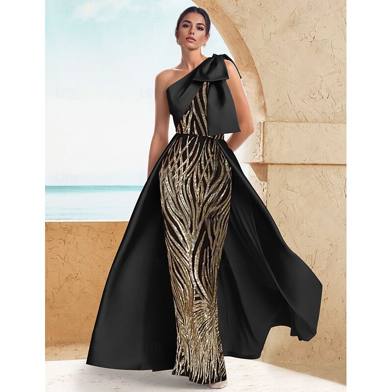 Black and Gold Black Tie Mermaid / Trumpet Evening Gown Elegant Black Dress Formal Wedding Floor Length Sleeveless One Shoulder Stretch Satin with Bow(s) Gold Sequin Lace