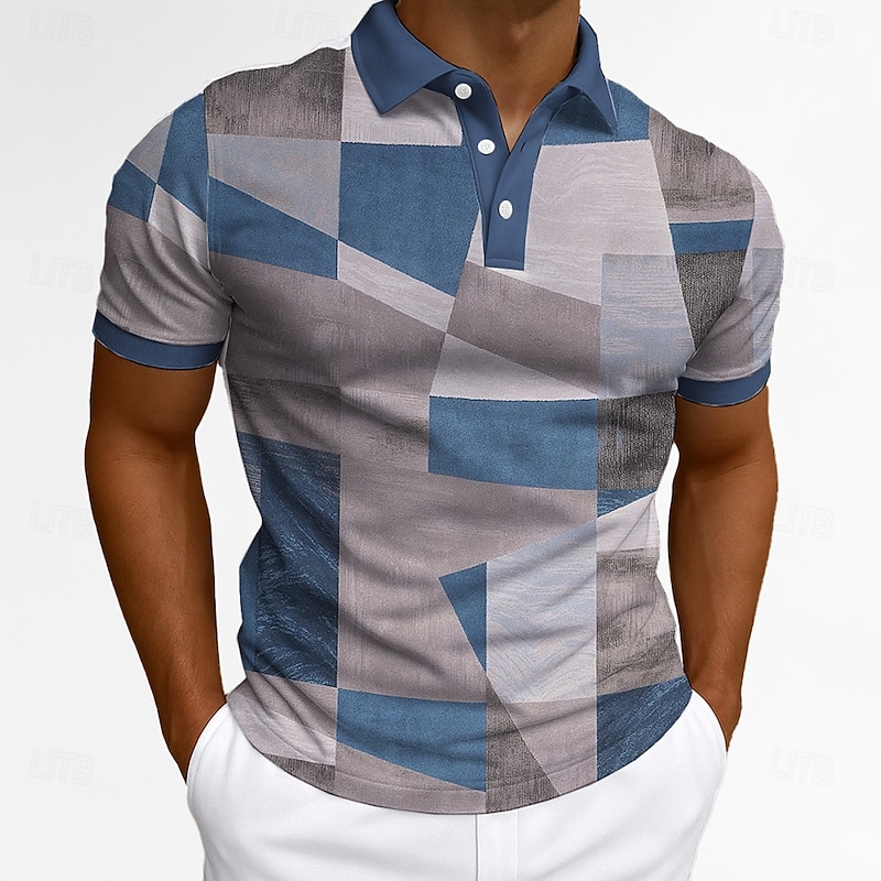 Men's Patchwork Polo Short Sleeve Polo Collar Office Business Casual Daily Buttons 3D Print Summer Robin's Egg Blue Green Orange