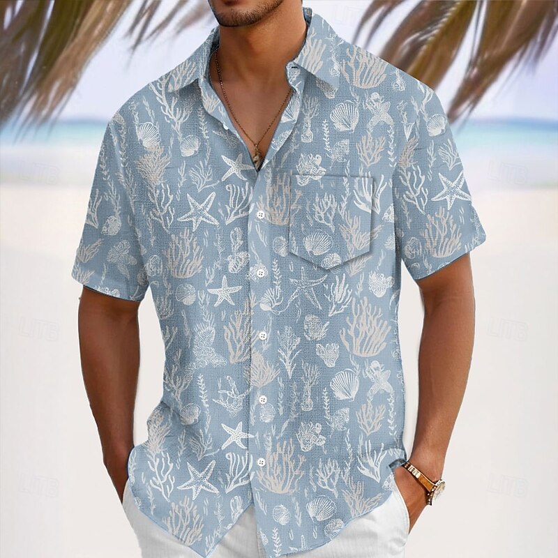 Men's Conch Sea Creatures Coral Summer Hawaiian Shirt Button Up Shirt Aloha Shirt Short Sleeve Shirt Turndown Hawaiian Vacation Holiday Beach Wear Blue 1# Blue S M L4