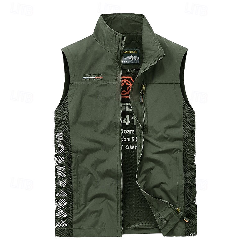 Men's Fishing Vest Hiking Vest Sleeveless Vest Outdoor Windproof Quick Dry Lightweight Reflective Strips Winter Zipper Polyester Army Green Blue Hunting Fishing Climbing3