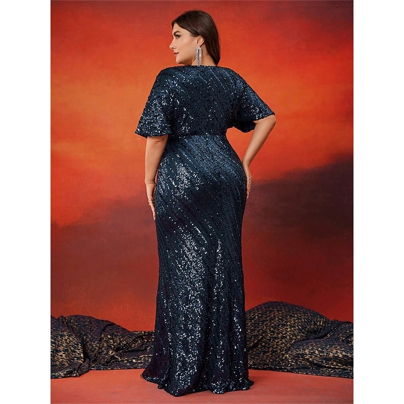Mermaid / Trumpet Plus Size Dresses Elegant Curve Dress Formal Wedding Floor Length Short Sleeve V Neck Polyester with Sequin2