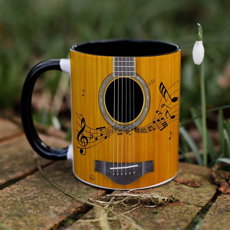 Guitar Mug, 350ml Black Ceramic Coffee Cup with Color Interior, Music Lover Gift Mug for Guitarist, Musician, Birthday Present for Men Women, Office Desk Decor