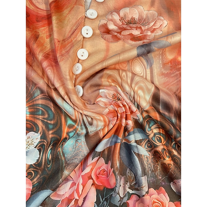 Women's Blouse V Neck Floral Graphic Elegant Stylish Casual 3/4 Length Sleeve Crew Neck Regular Tops Daily Going out Buttons Pink Blue Orange Summer Spring Fall3