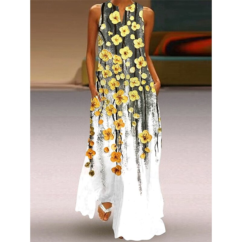 Women's Maxi Dress Sundress A Line Dress Summer Dress Vacation Casual Boho Holiday Loose Fit Ombre Floral Graphic Sleeveless V Neck Notched Neck Black And White Light Yellow Magenta Black Summer3