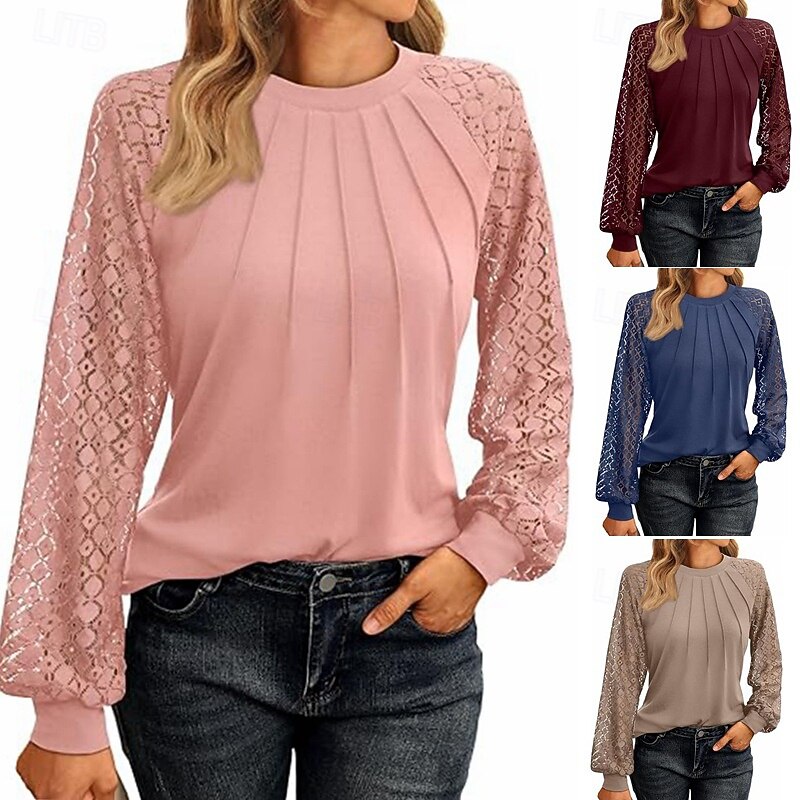 Women's Blouse Plain Casual Long Sleeve Crew Neck Regular Tops Daily Holiday Going out Lace Patchwork Pink Wine Navy Blue Green Summer