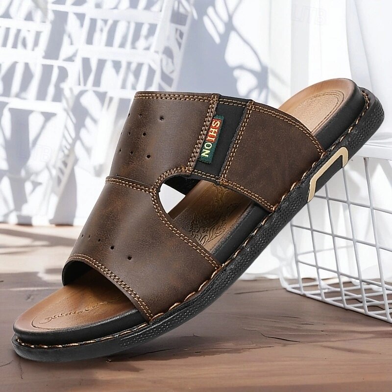 Men's Brown Cutout Slip-On Sandals, Soft Faux Leather Summer Slides for Indoor Comfort, Weekend Errands and Casual Outdoor Use