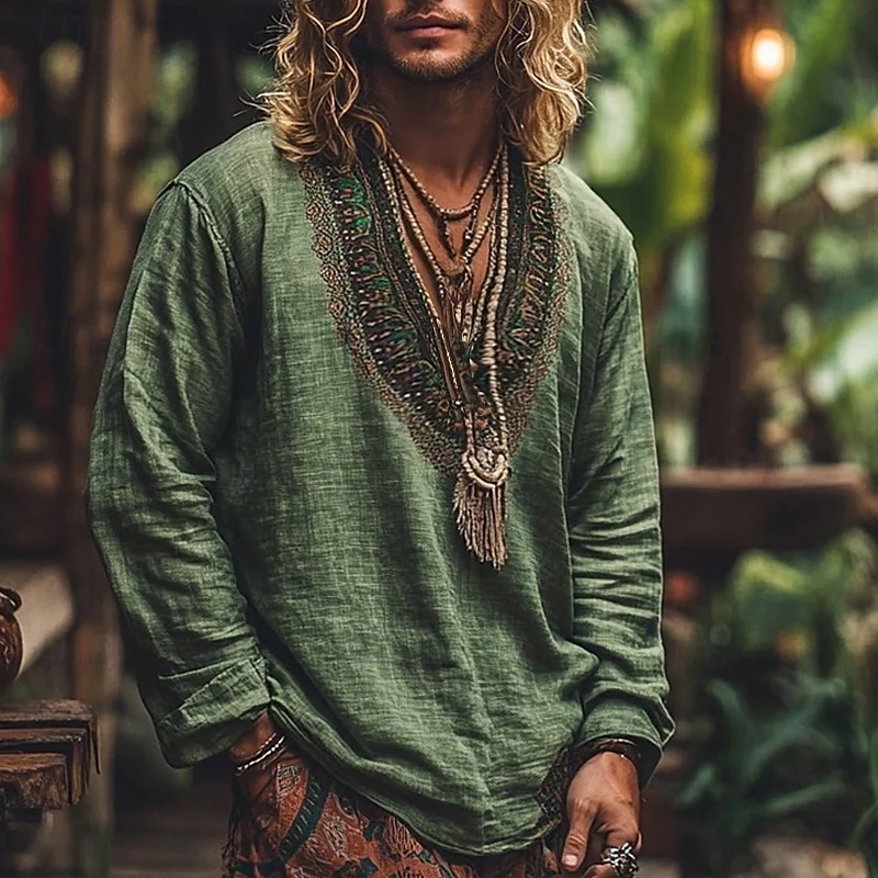 Men's Shirt Linen Shirt Viking Style Popover Shirt Summer Shirt Beach Wear Geometric Vacation Street Yellow Purple Green Long Sleeve V Neck Summer Spring Clothing Apparel