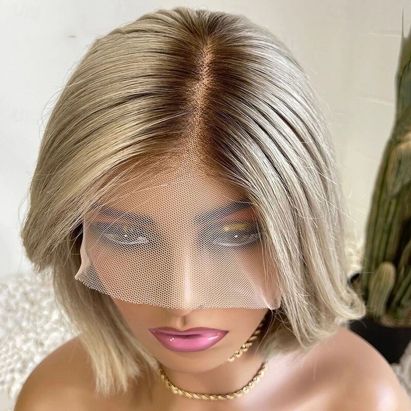 Brazilian Hair Remy Human Hair Ombre Hair 5x5 Closure Glueless Wigs Straight Ash Blonde 13x4 Lace Front Wig Short Bob Layered Haircut Wig with Baby Hair Pre-Plucked For Women4