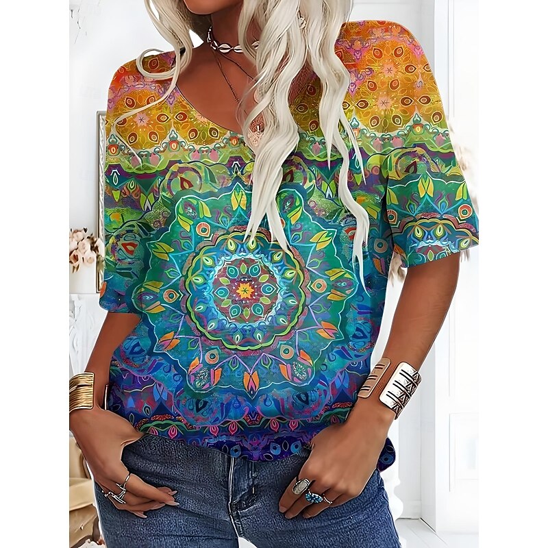 Women's T Shirt Floral Graphic Plants Vintage Fashion Hawaiian Short Sleeve V Neck Regular Tops Daily Going out Weekend Print Red Blue Green Light Blue Summer Spring4