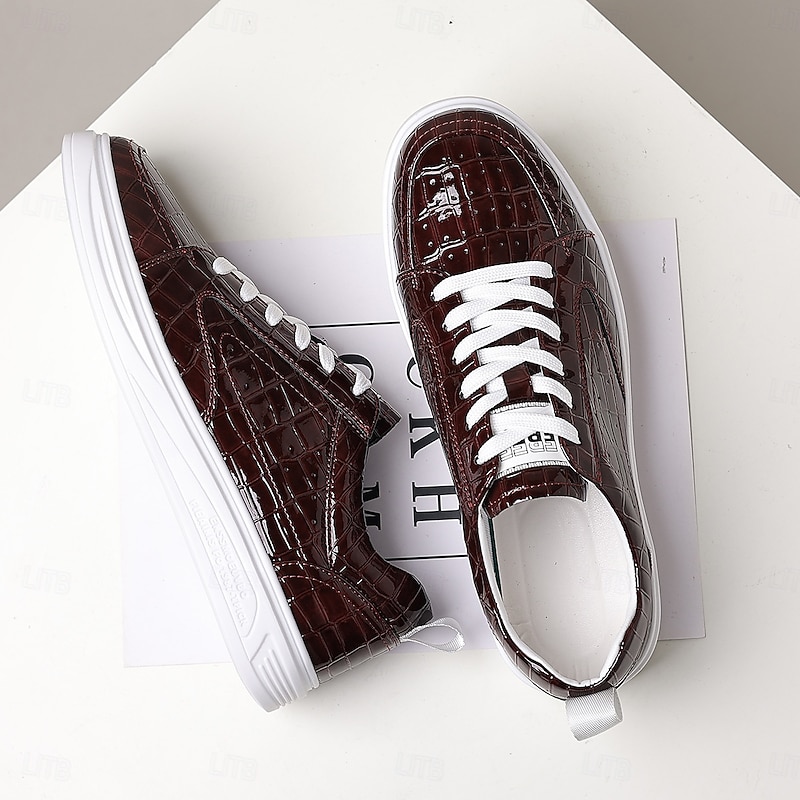 Men's Burgundy Faux Leather Crocodile-Pattern Sneakers – Stylish Lace-Up Casual Shoes for Daily Wear and Fashionable Outings4