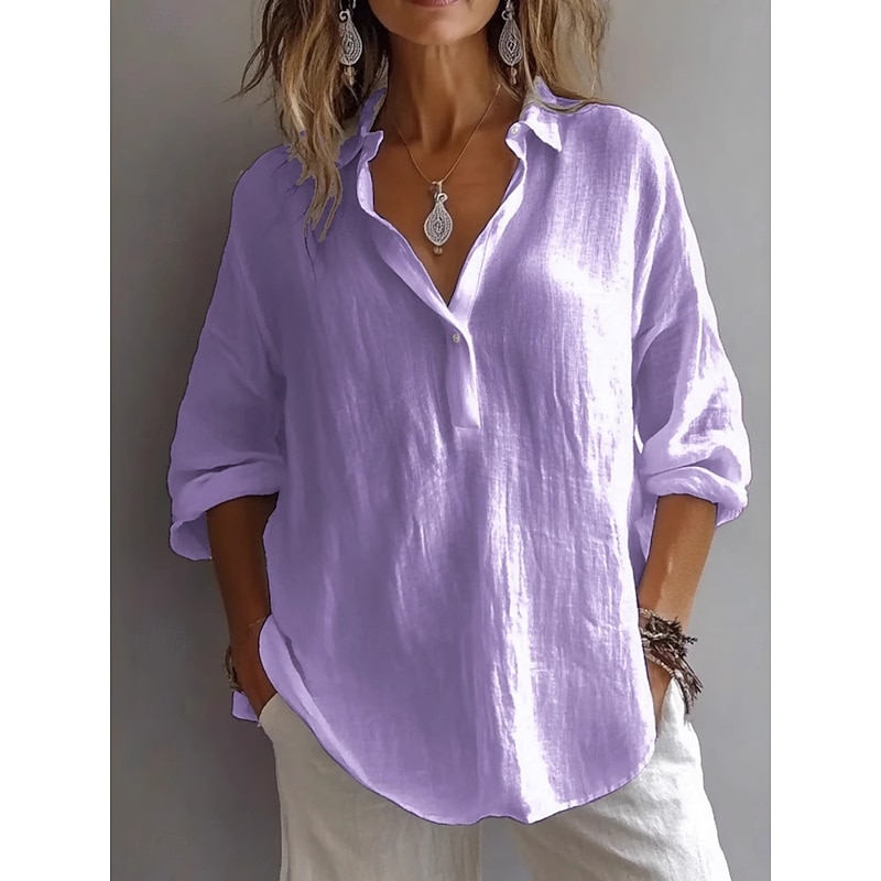 Women's 100% Cotton Blouse Solid Color Basic Casual Long Sleeve Shirt Collar Regular Tops Daily Buttons White Pink Purple Green Summer4