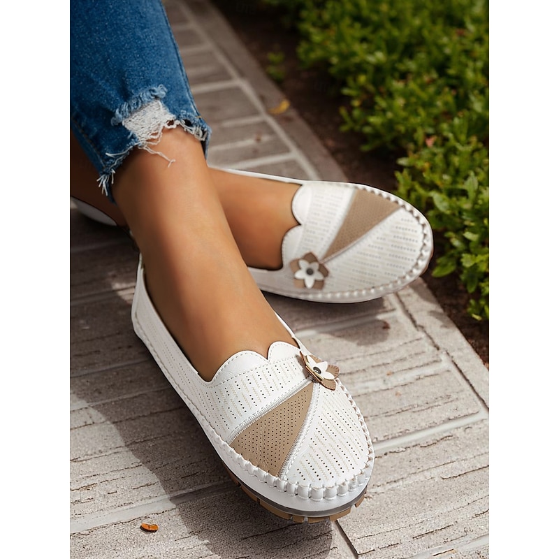 Women's White Perforated Loafers with Flower Detail – Soft Casual Flats for Garden Strolls, Driving and Everyday Comfort3