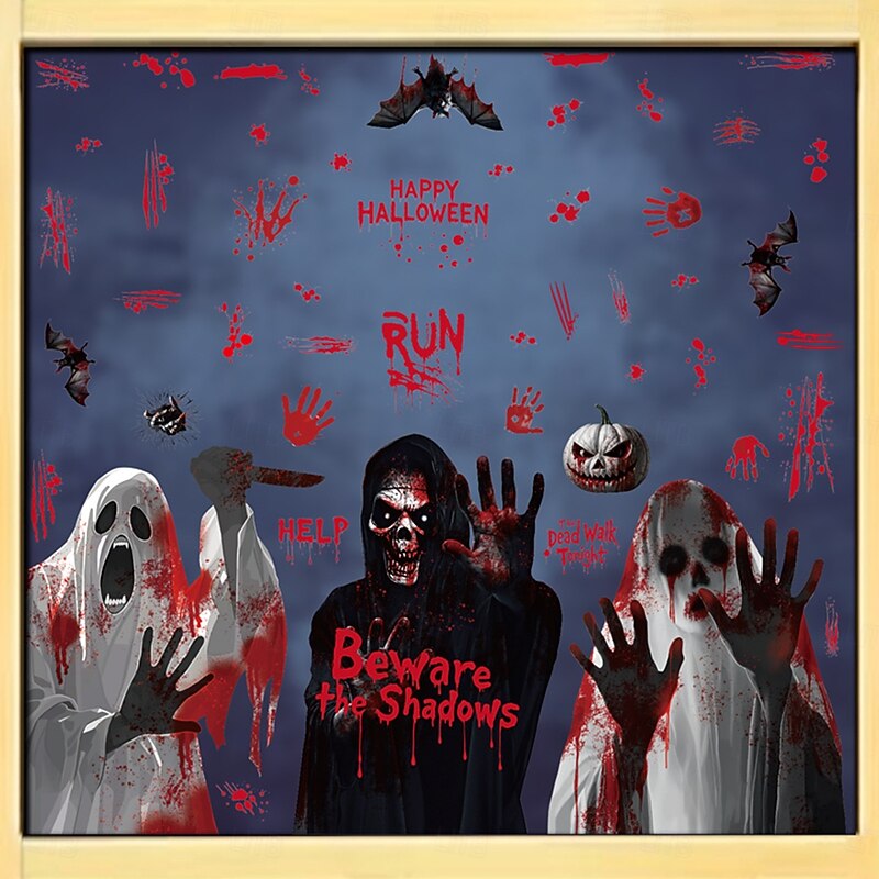 4 Sheets Halloween Window Cling Sticker Decals Decorations Double Side, Ghost Phantom Static Stickers with Bloody Handprint for Store Window Display and Glass Decor3