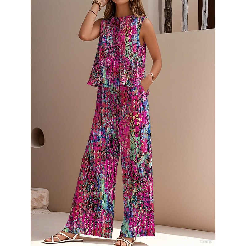 Women's Elegant Fashion Streetwear Two Piece Sets Blouse Vest Pants Trousers Sleeveless Crew Neck Outdoor Work Casual Floral Print Vacation Vintage Daily Holiday Blue Purple Fuchsia Summer Regular Fit4