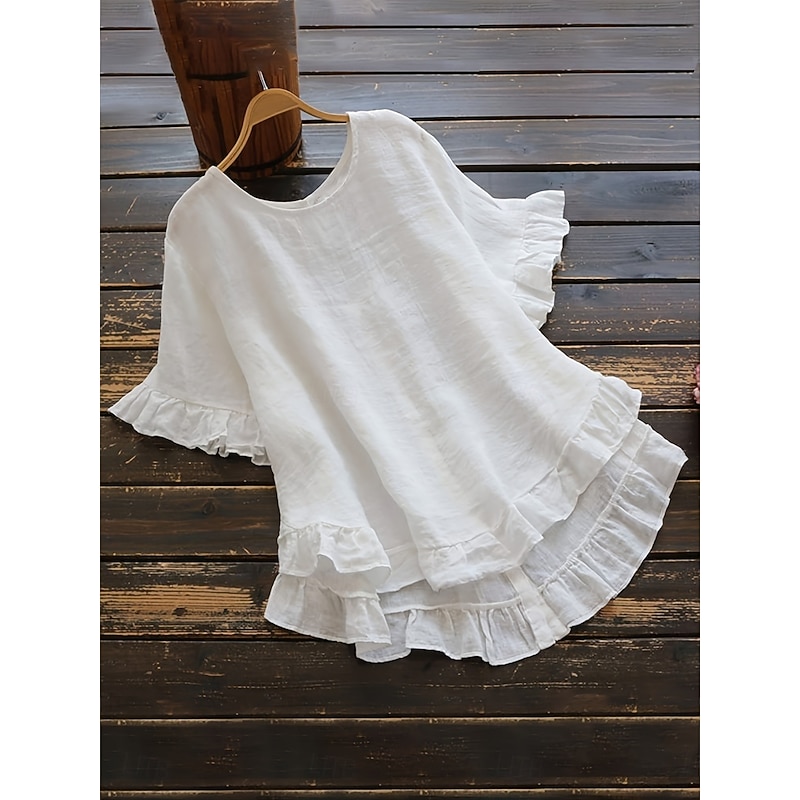 Women's Cotton Linen Shirts Solid Color Basic Casual Short Sleeve Crew Neck Regular Tops Daily Ruffle Buttons White Yellow Pink Wine Gray Summer Spring2