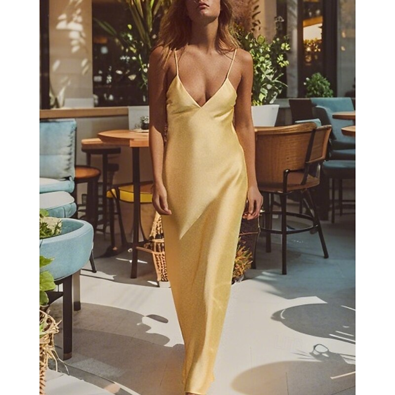 Women's Long Dress Maxi Dress Satin Dress Slip Dress Fashion Modern Outdoor Vacation Holiday Regular Fit Plain Sleeveless Spaghetti Strap Yellow Summer
