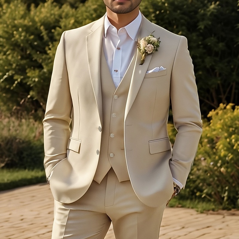 Men's Wedding Business Suits Notch Lapel Beige Fashion Formal Solid Colored Standard Fit 3 Piece Single Breasted Two-buttons