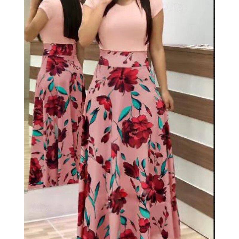 Women's Long Dress Maxi Dress Floral Dress Print Dress Fashion Classic Modern Outdoor Vacation Holiday Regular Fit Flower Short Sleeve Crew Neck Pink Red Blue Summer