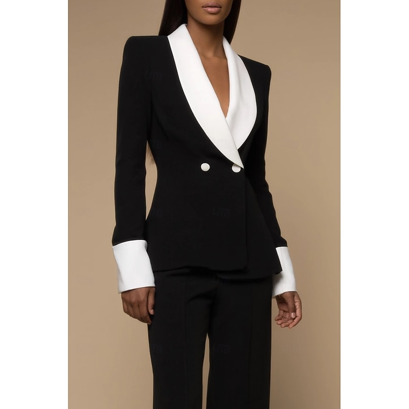 Women's 2 Pieces Suits Formal Wedding Guest Stretch Crepe Elegant Minimalist Long Sleeve Floor Length Lapel Double Breasted2