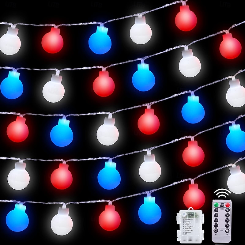 1 Pc 33FT-100 LED Patriotic String Lights July 4th Independence Day Red Blue White Ball Decorative LED String Patriotic Gathering Party Atmosphere 8 Function Remote Control Waterproof Battery Box2